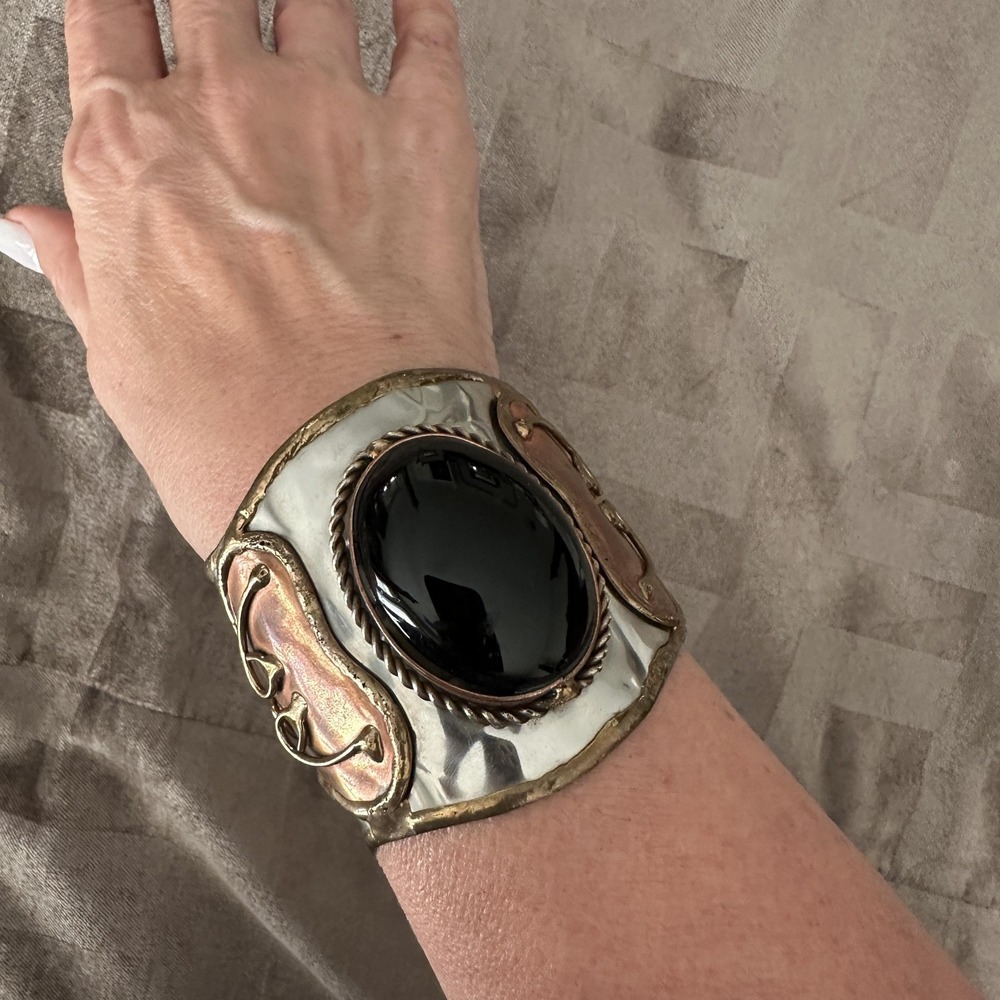 Silver Copper Gold Tone Black‎ Stone Wide Cuff Bracelet Womens Multicolor Boho
